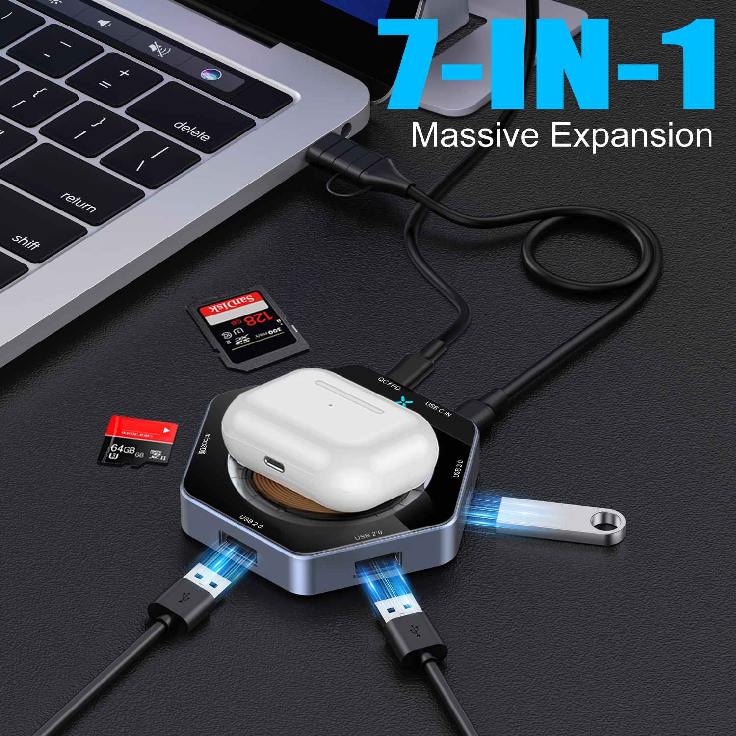 15W Hurtig opladning 7 In1 USB Hub Dock Wireless Oplader